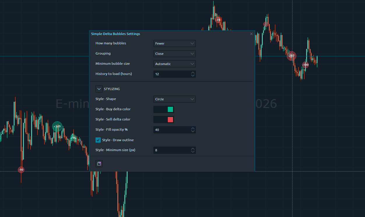Simple Delta Bubbles settings window